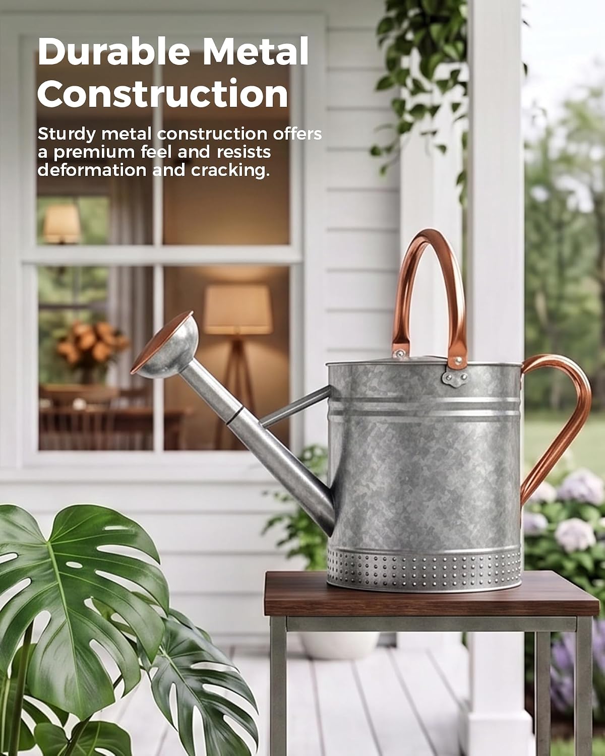 Bamworld Outdoor Watering Can Dual Handle Removable Nozzle 2 Gallon Silver