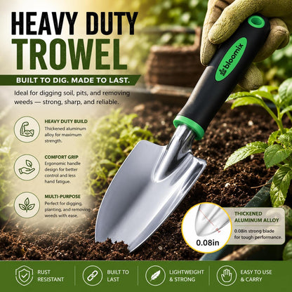 Bloomix 3 pcs Stainless Steel Gardening Tool Set – Hand Cultivator, Transplanter & Trowel with Soft‑Grip Ergonomic Handles – Durable Garden Kit for Digging, Planting and Soil Care
