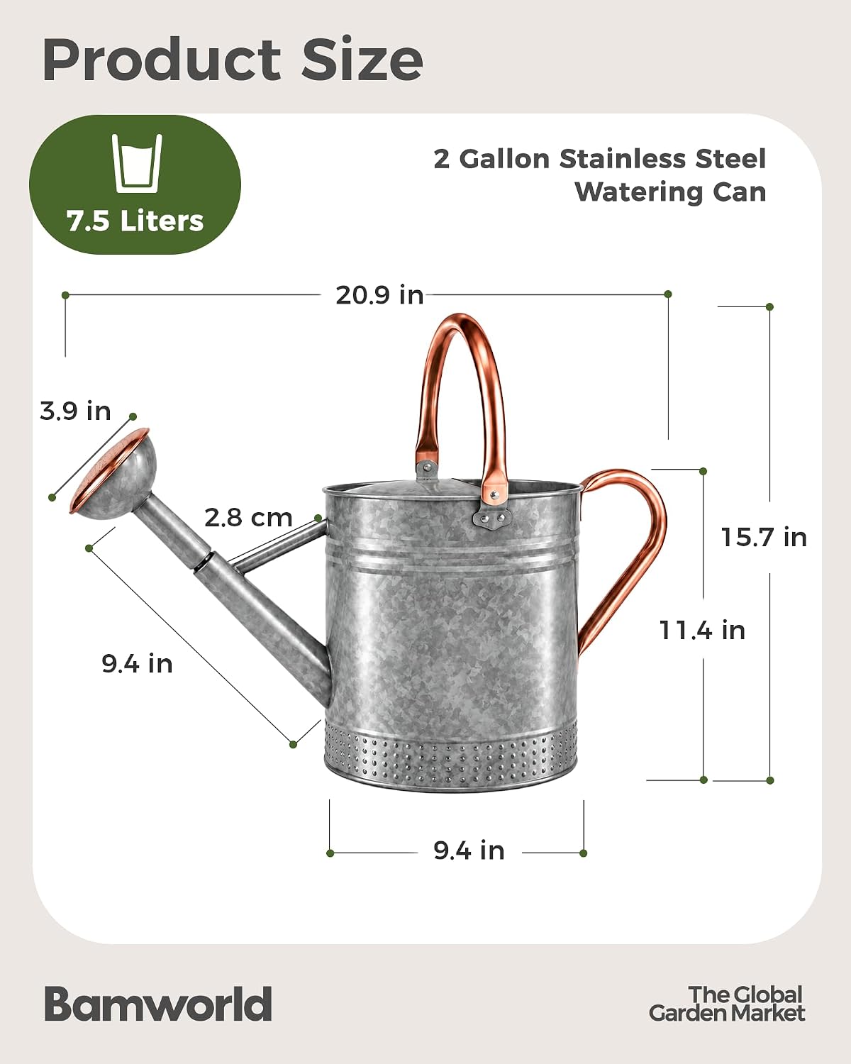 Bamworld Outdoor Watering Can Dual Handle Removable Nozzle 2 Gallon Silver