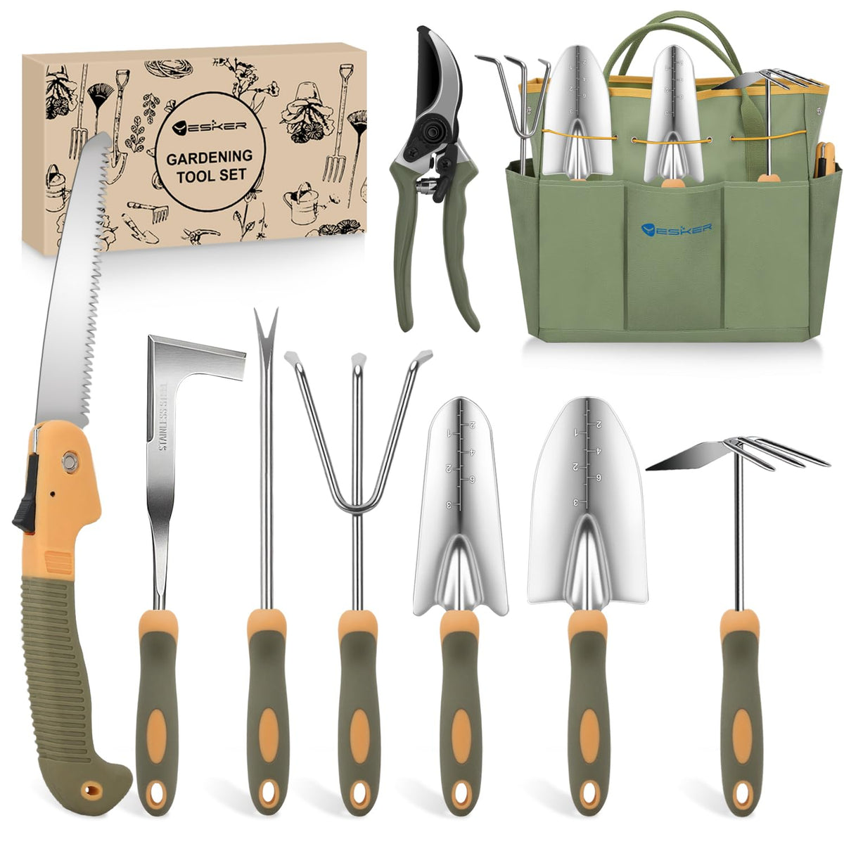 Yesker Gardening Tools 9-Piece Heavy Duty Garden Tool Set Gardening Supplies Gifts for Women Men Gardening Hand Tool Kit with Non-Slip Ergonomic Handle, Garden Bag, Durable Gloves and Shears, Orange