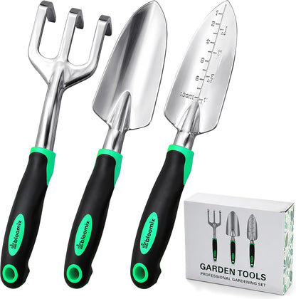 Bloomix 3 pcs Stainless Steel Gardening Tool Set – Hand Cultivator, Transplanter & Trowel with Soft‑Grip Ergonomic Handles – Durable Garden Kit for Digging, Planting and Soil Care