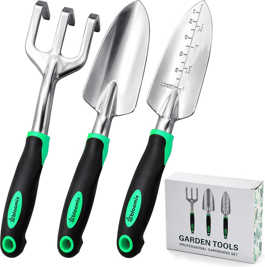 Bloomix 3 pcs Stainless Steel Gardening Tool Set – Hand Cultivator, Transplanter & Trowel with Soft‑Grip Ergonomic Handles – Durable Garden Kit for Digging, Planting and Soil Care