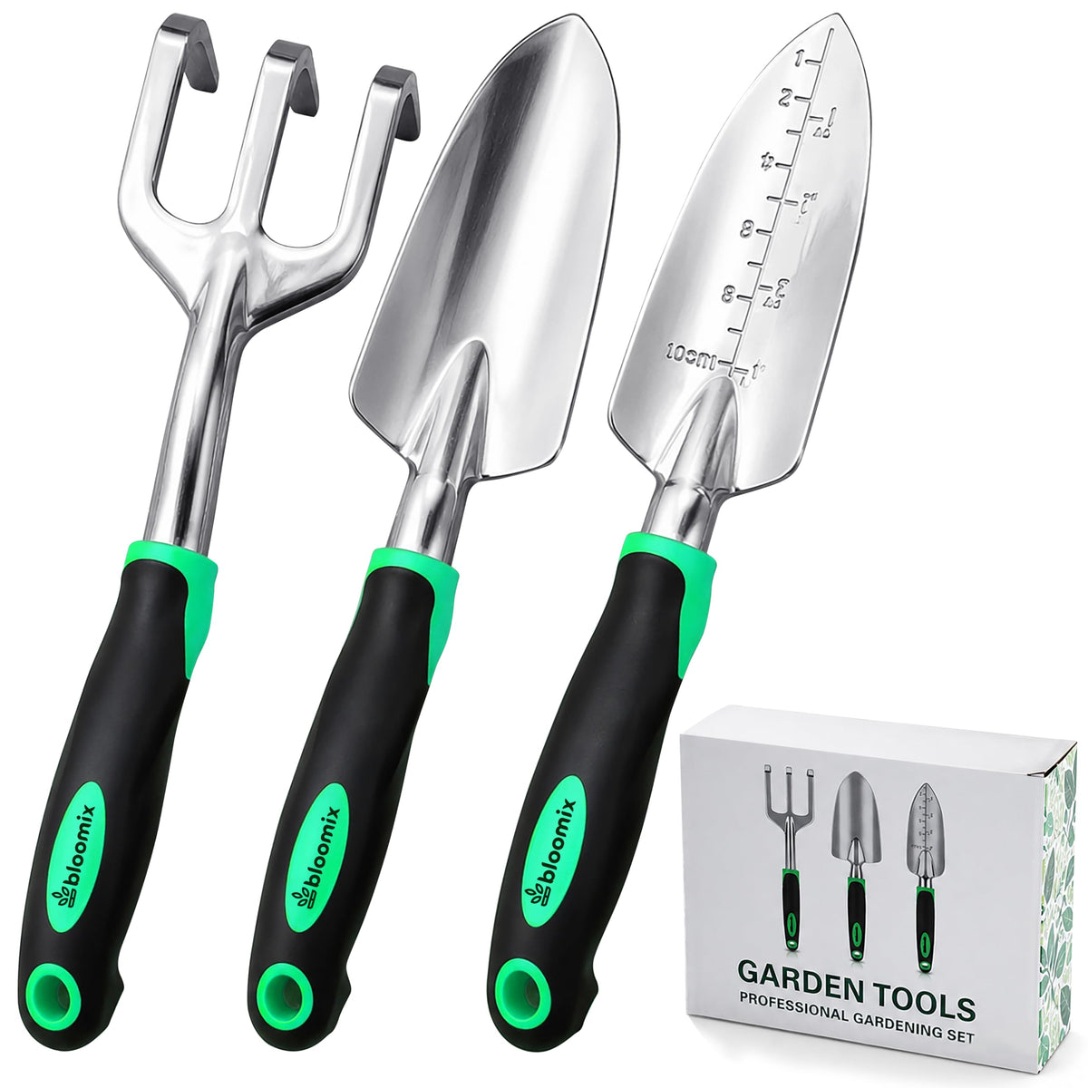 Bloomix 3 pcs Stainless Steel Gardening Tool Set – Hand Cultivator, Transplanter & Trowel with Soft‑Grip Ergonomic Handles – Durable Garden Kit for Digging, Planting and Soil Care