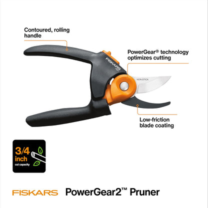 Fiskars PowerGear2 Bypass Pruning Shears, 3/4" Cut Capacity Garden Clippers