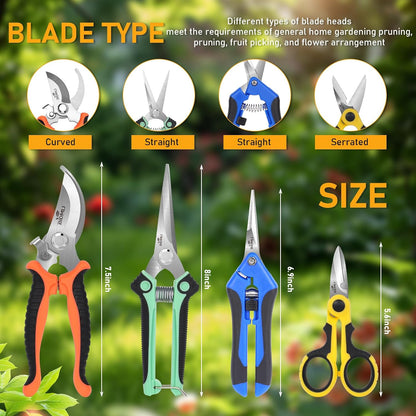 4-Pack Multifunctional Garden Scissors Set-BIDMLI Stainless Steel Pruning &Floral Shears with One-Piece Handle Blades for Tree Pruning, Flower Trimming, and Fruit Picking Tasks at Home&Garden Tool.