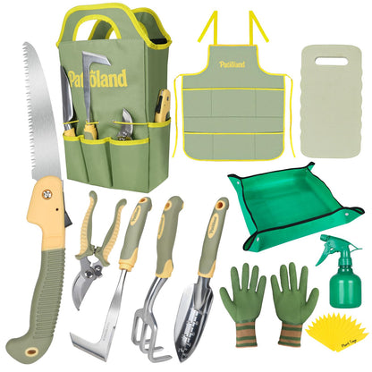 Brown Garden Tool Set 4-Piece, Trowel, Fork, Pruning Shear&Gloves