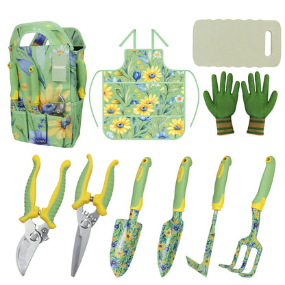 Brown Garden Tool Set 4-Piece, Trowel, Fork, Pruning Shear&Gloves