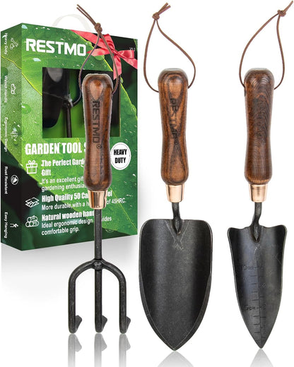 RESTMO Gardening Tools Set, 3-in-1, Carbon Steel, Wooden Handle, Brown