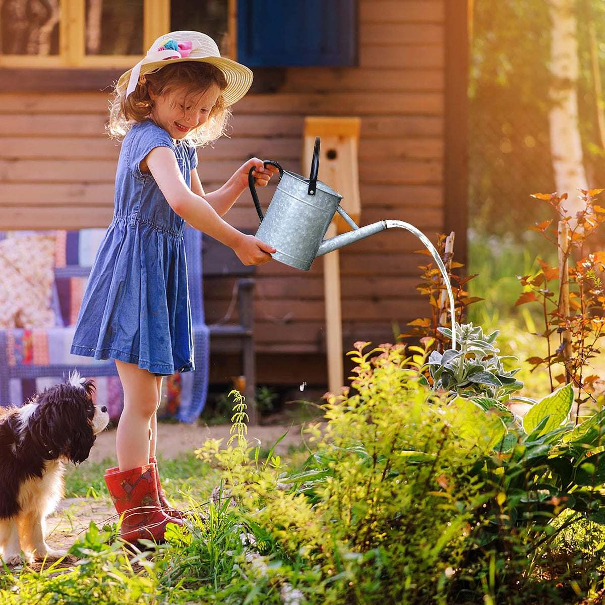 Garutom Galvanized Watering Can for Outdoor Indoor Plants, 1 Gallon Decorative Countryside Style Water Can with Removable Spout, Perfect Metal Watering Can for Indoor Plants and Garden Flower
