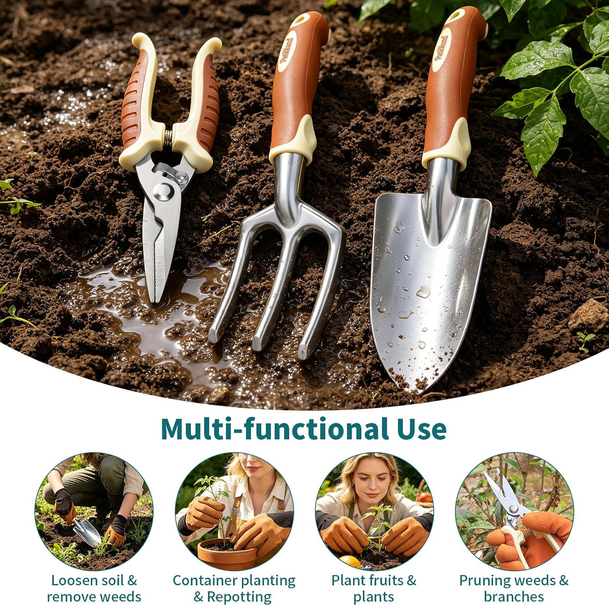 Brown Garden Tool Set 4-Piece, Trowel, Fork, Pruning Shear&Gloves