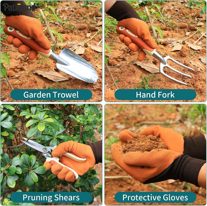 Brown Garden Tool Set 4-Piece, Trowel, Fork, Pruning Shear&Gloves