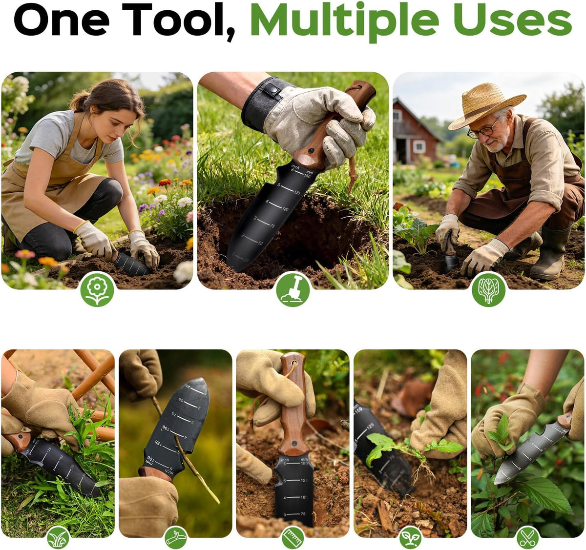 Stocking Stuffers for Men Women Kids, Hori Hori Garden Knife, Garden Tools for Weeding Digging Planting with 7" Stainless Steel Blade,Dual-Scale Measurement,Hanging Hole, EDC Sheath