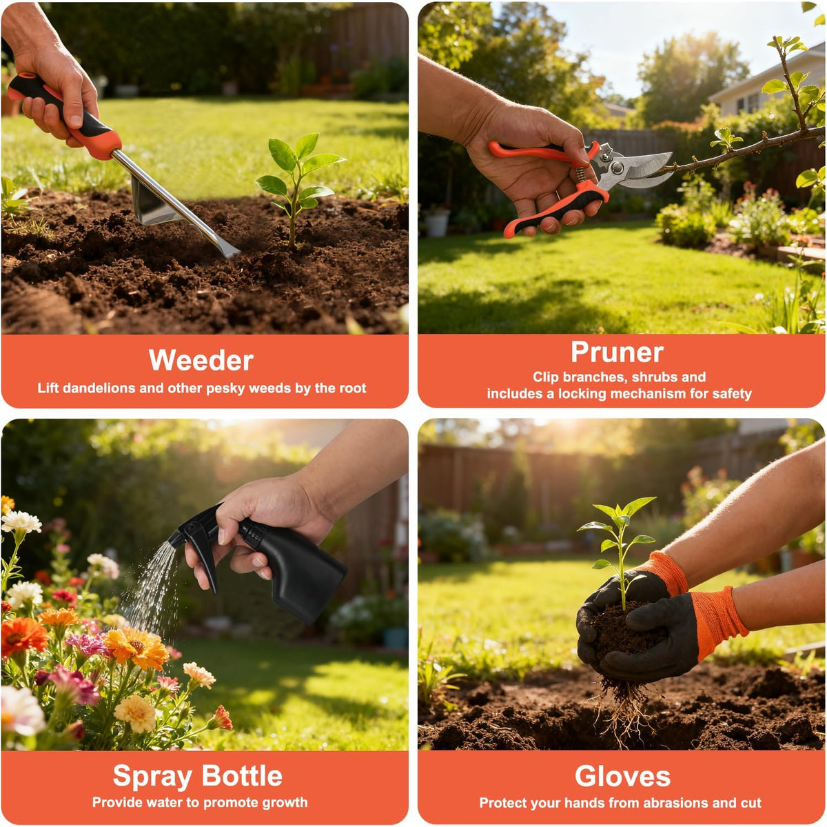 Yesker Gardening Tools 9-Piece Heavy Duty Garden Tool Set Gardening Supplies Gifts for Women Men Gardening Hand Tool Kit with Non-Slip Ergonomic Handle, Garden Bag, Durable Gloves and Shears, Orange