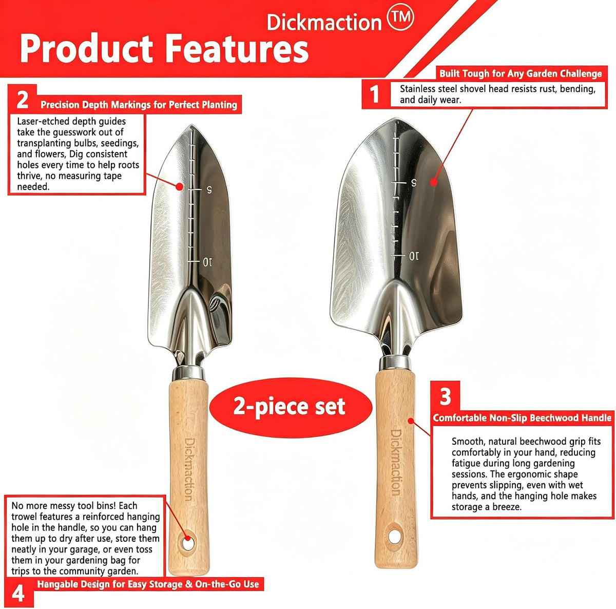 2 Pack Stainless Steel Garden Trowel Set with Marks for Digging Planting