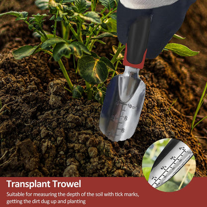 Garden Tool Set, 3 Piece Gardening Tools Includes Garden Trowel, Transplant Trowel and Hand Rake with Non-Slip Ergonomic Handle, Heavy Duty Garden Kit for Planting, Garden Gifts, Red