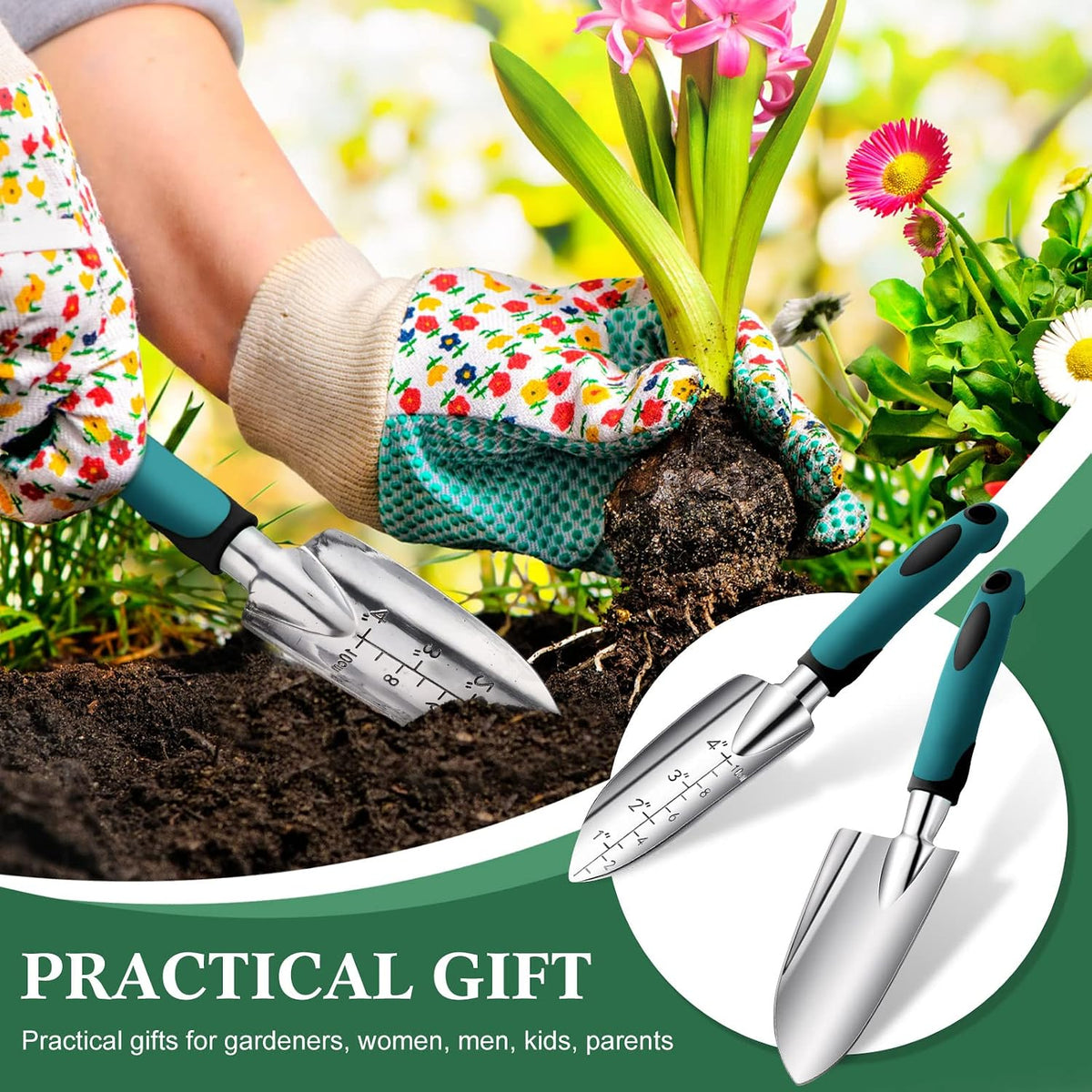 Honoson Garden Hand Trowel Transplant Trowel with Measurements Aluminum Alloy Planting Tools with Rubber Handle Small Gardening Hand Tools Shovels for Gardening Cultivating Transplanting Supplies