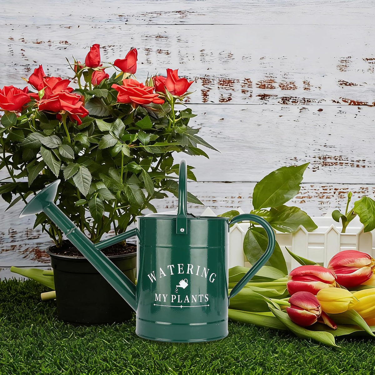 Garutom Galvanized Watering Can for Outdoor Indoor Plants, 1 Gallon Decorative Countryside Water Can with Removable Spout, Metal Watering Can for Indoor Plants and Garden Flower (Green)